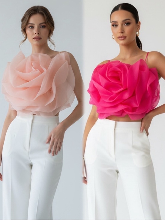 Tops - Women’s Floral Organza Rose Crop Top - Pink / Hot Pink